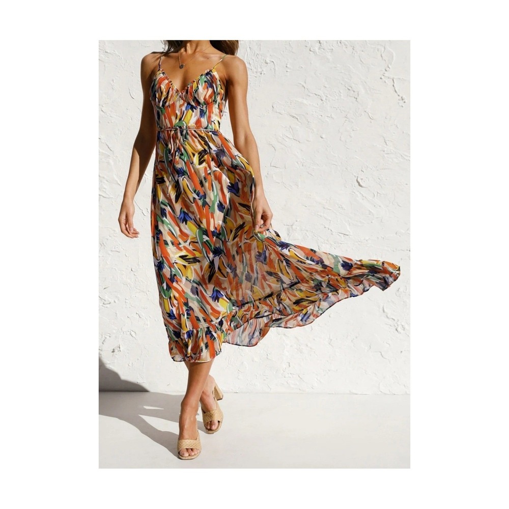 Commense Abstract Print Maxi Dress Orange Green Blue Ruffle Hem NWT Large - Picture 2 of 16